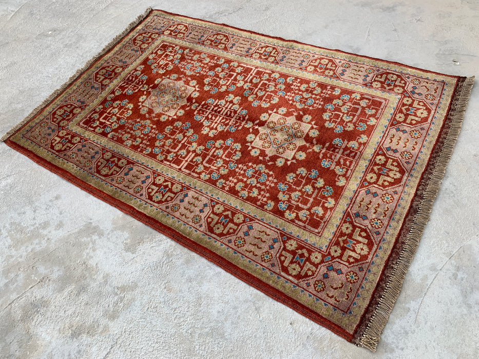 3'11 x 2'8 Hand-Knotted Peshawari Chobi Wool Rug - Red Tribal Geometric Accent Rug - KBHM-637