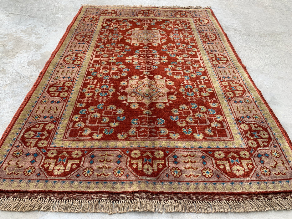 3'11 x 2'8 Hand-Knotted Peshawari Chobi Wool Rug - Red Tribal Geometric Accent Rug - KBHM-637