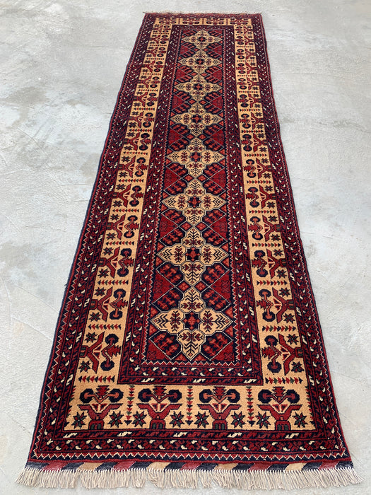 9'6 x 2'9 Hand-Knotted Peshawari Chobi Wool Runner Rug - Ivory Tribal Geometric Hallway Rug - KBHM-638