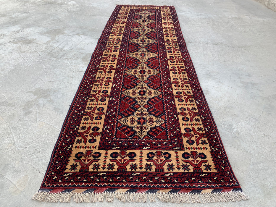 9'6 x 2'9 Hand-Knotted Peshawari Chobi Wool Runner Rug - Ivory Tribal Geometric Hallway Rug - KBHM-638