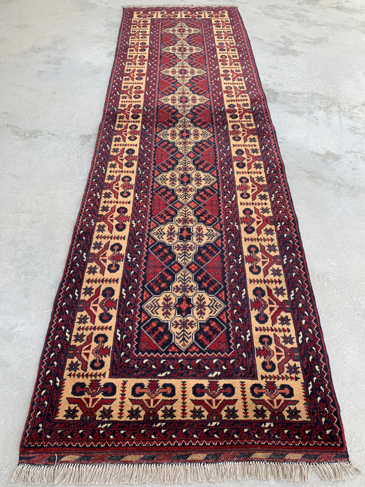 9'6 x 2'9 Hand-Knotted Peshawari Chobi Wool Runner Rug - Ivory Tribal Geometric Hallway Rug - KBHM-638