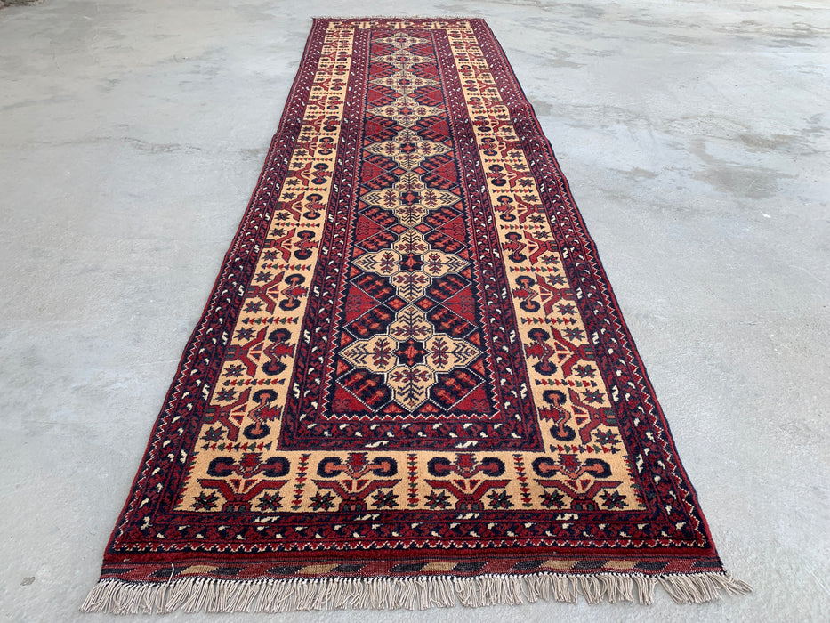 9'6 x 2'9 Hand-Knotted Peshawari Chobi Wool Runner Rug - Ivory Tribal Geometric Hallway Rug - KBHM-638