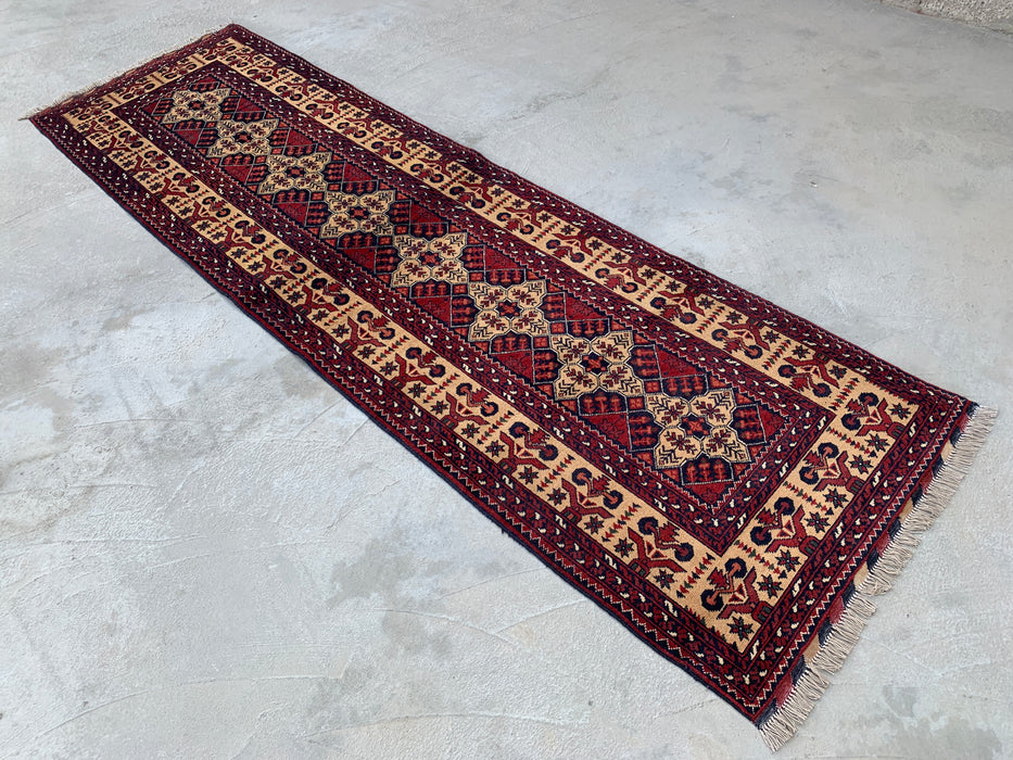 9'6 x 2'9 Hand-Knotted Peshawari Chobi Wool Runner Rug - Ivory Tribal Geometric Hallway Rug - KBHM-638