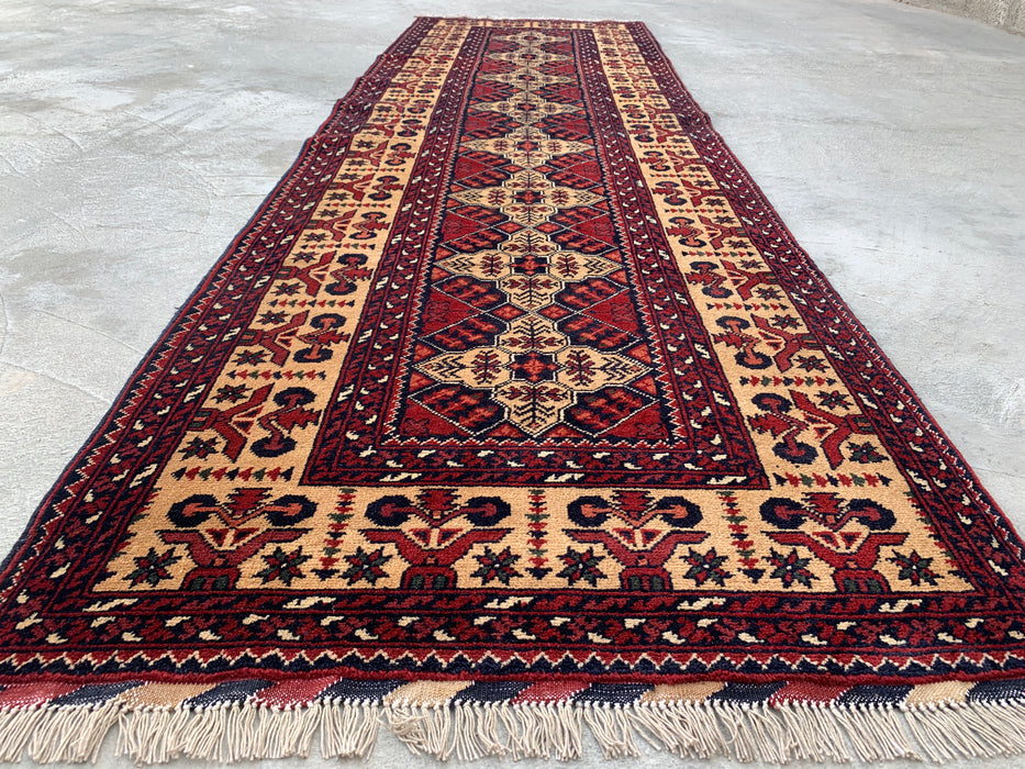 9'6 x 2'9 Hand-Knotted Peshawari Chobi Wool Runner Rug - Ivory Tribal Geometric Hallway Rug - KBHM-638