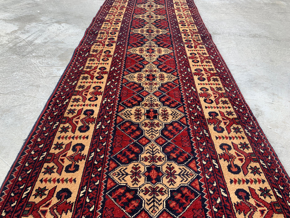 9'6 x 2'9 Hand-Knotted Peshawari Chobi Wool Runner Rug - Ivory Tribal Geometric Hallway Rug - KBHM-638