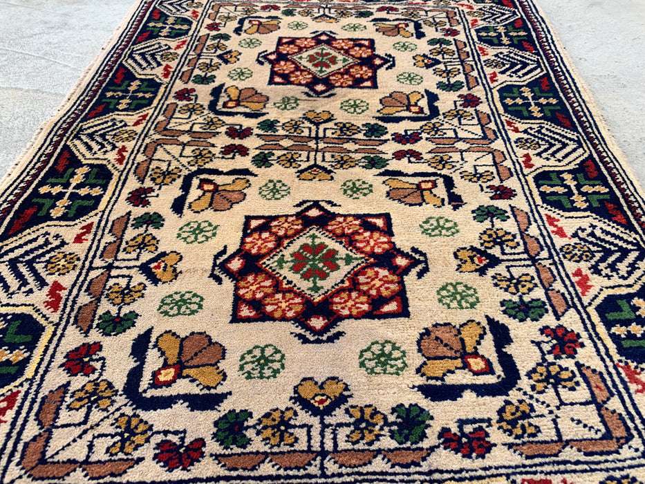 2'10 x 1'11 Hand-Knotted Peshawari Chobi Wool Rug - Ivory Tribal Geometric Accent Rug - KBHM-639