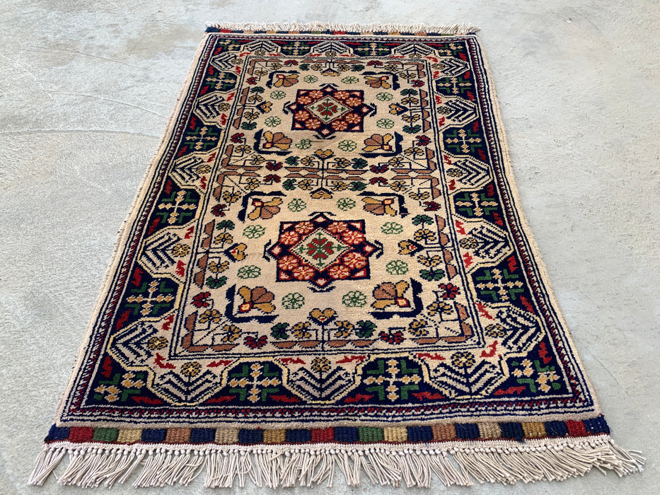 2'10 x 1'11 Hand-Knotted Peshawari Chobi Wool Rug - Ivory Tribal Geometric Accent Rug - KBHM-639