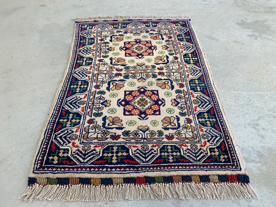 2'10 x 1'11 Hand-Knotted Peshawari Chobi Wool Rug - Ivory Tribal Geometric Accent Rug - KBHM-639