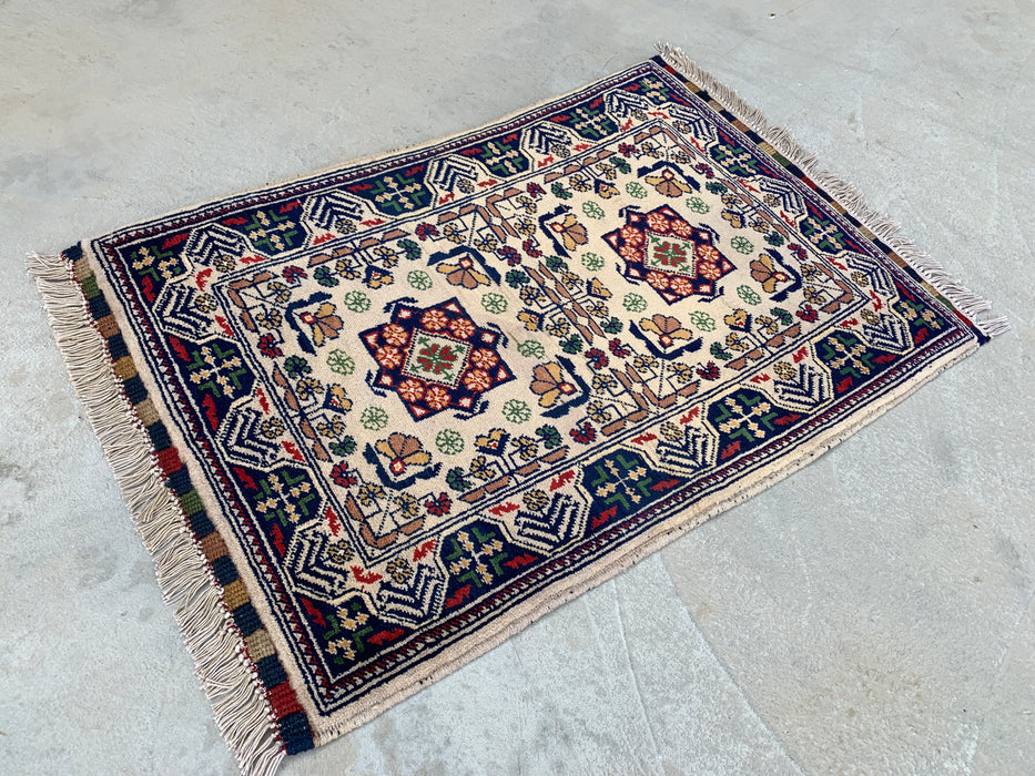 2'10 x 1'11 Hand-Knotted Peshawari Chobi Wool Rug - Ivory Tribal Geometric Accent Rug - KBHM-639