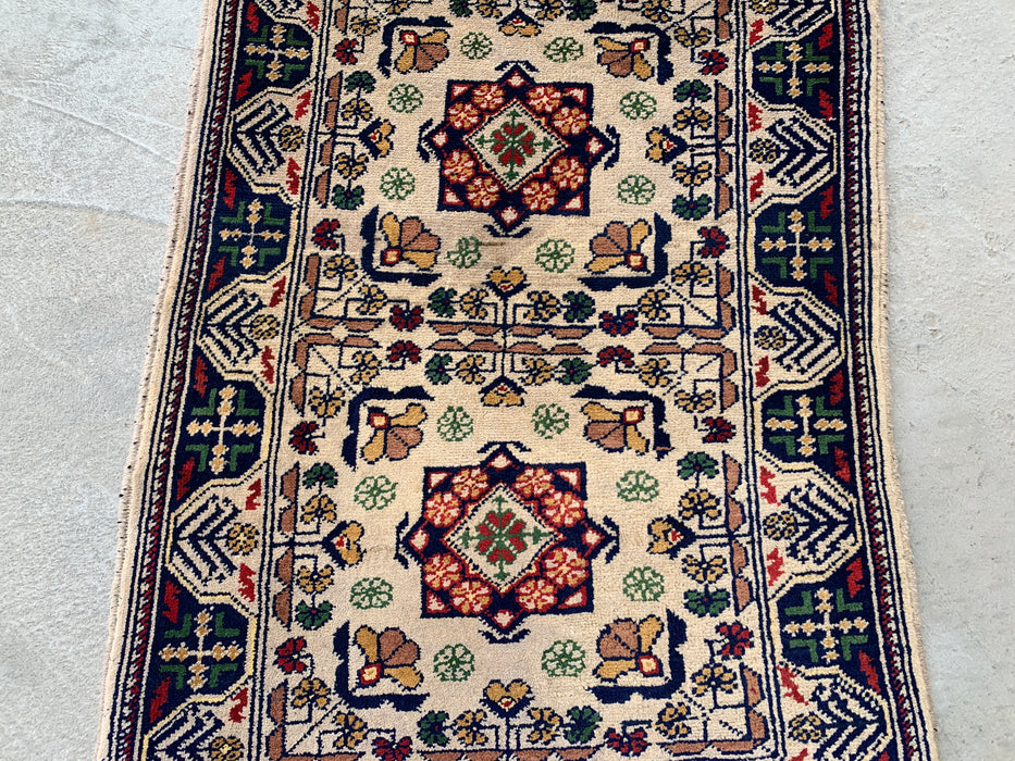 2'10 x 1'11 Hand-Knotted Peshawari Chobi Wool Rug - Ivory Tribal Geometric Accent Rug - KBHM-639