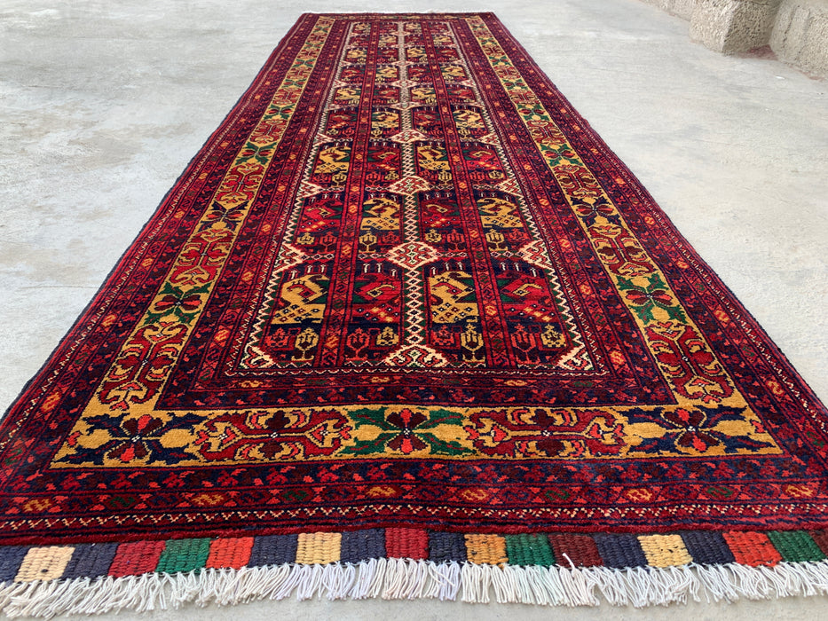 9'5 x 2'11 Hand-Knotted Peshawari Chobi Wool Runner Rug - Red Tribal Geometric Hallway Rug - KBHM-640