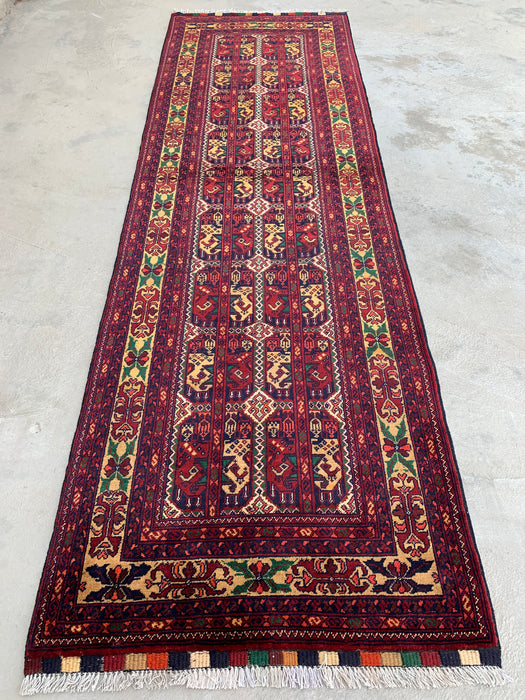 9'5 x 2'11 Hand-Knotted Peshawari Chobi Wool Runner Rug - Red Tribal Geometric Hallway Rug - KBHM-640
