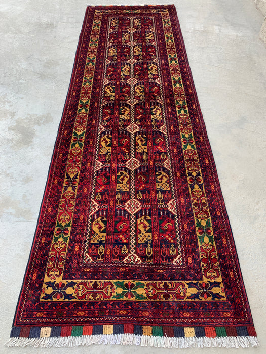 9'5 x 2'11 Hand-Knotted Peshawari Chobi Wool Runner Rug - Red Tribal Geometric Hallway Rug - KBHM-640