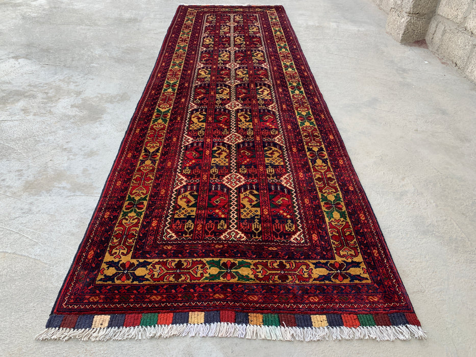 9'5 x 2'11 Hand-Knotted Peshawari Chobi Wool Runner Rug - Red Tribal Geometric Hallway Rug - KBHM-640