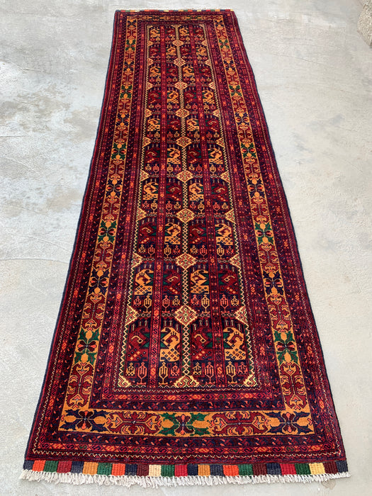 9'7 x 2'10 Hand-Knotted Peshawari Chobi Wool Runner Rug - Red Tribal Geometric Hallway Rug - KBHM-641