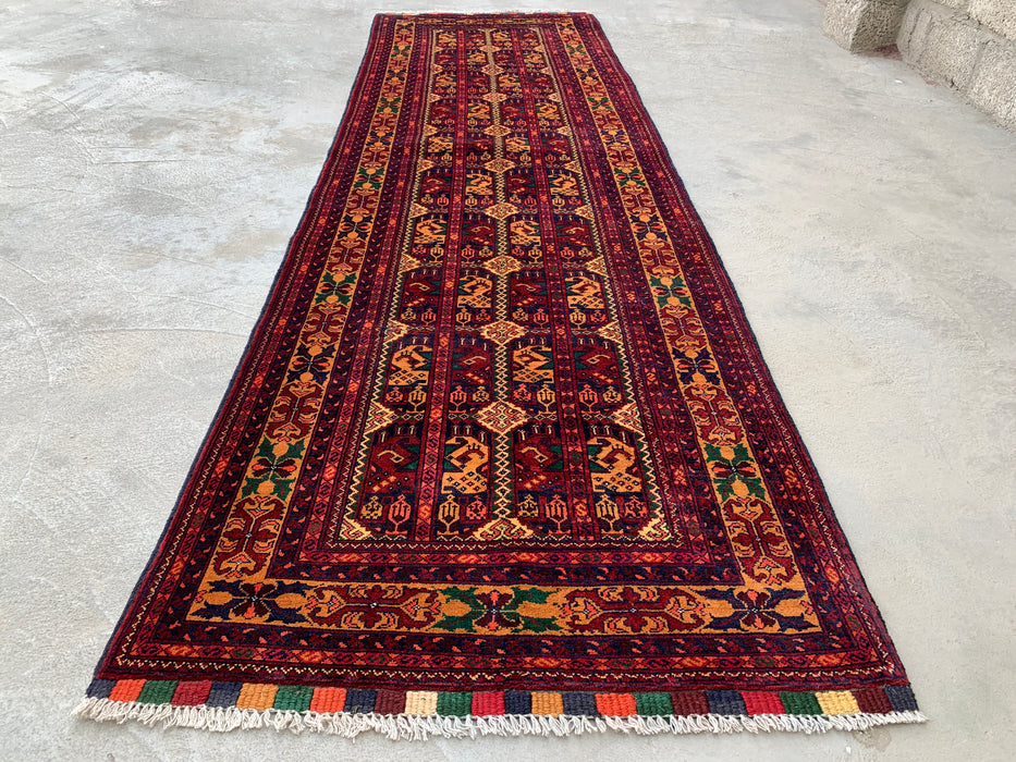 9'7 x 2'10 Hand-Knotted Peshawari Chobi Wool Runner Rug - Red Tribal Geometric Hallway Rug - KBHM-641