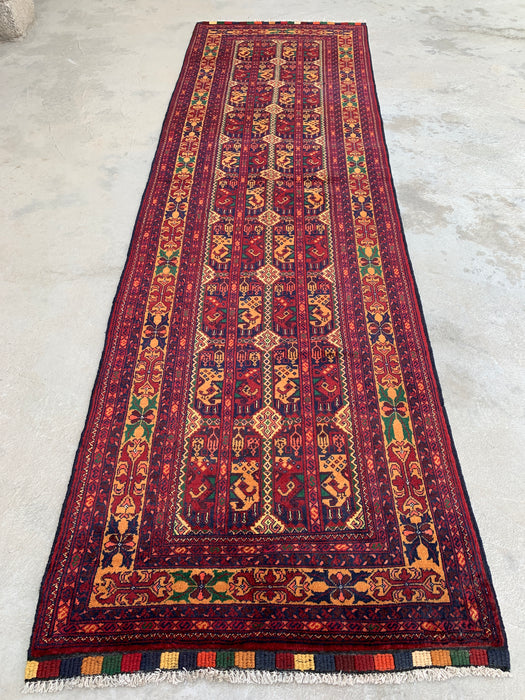 9'7 x 2'10 Hand-Knotted Peshawari Chobi Wool Runner Rug - Red Tribal Geometric Hallway Rug - KBHM-641