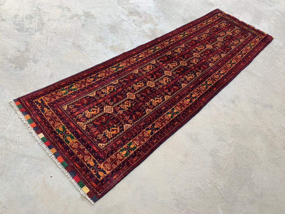 9'7 x 2'10 Hand-Knotted Peshawari Chobi Wool Runner Rug - Red Tribal Geometric Hallway Rug - KBHM-641