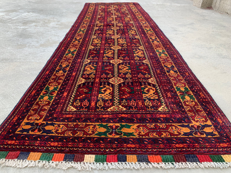 9'7 x 2'10 Hand-Knotted Peshawari Chobi Wool Runner Rug - Red Tribal Geometric Hallway Rug - KBHM-641