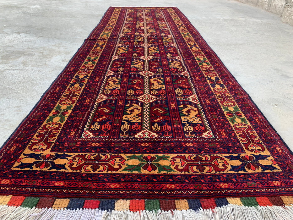 9'6 x 2'10 Hand-Knotted Peshawari Chobi Wool Runner Rug - Red Tribal Geometric Hallway Rug - KBHM-642