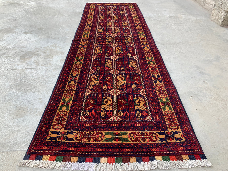 9'6 x 2'10 Hand-Knotted Peshawari Chobi Wool Runner Rug - Red Tribal Geometric Hallway Rug - KBHM-642