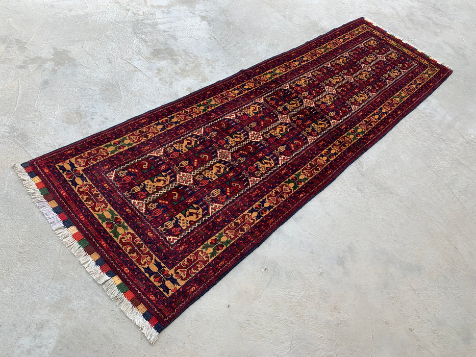 9'6 x 2'10 Hand-Knotted Peshawari Chobi Wool Runner Rug - Red Tribal Geometric Hallway Rug - KBHM-642