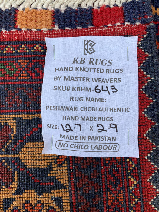 12'7 x 2'9 Hand-Knotted Peshawari Chobi Wool Runner Rug - Red Tribal Geometric Hallway Rug - KBHM-643