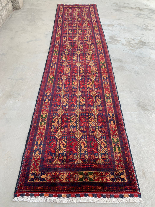 12'7 x 2'9 Hand-Knotted Peshawari Chobi Wool Runner Rug - Red Tribal Geometric Hallway Rug - KBHM-643