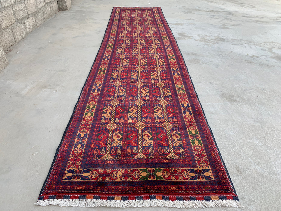 12'7 x 2'9 Hand-Knotted Peshawari Chobi Wool Runner Rug - Red Tribal Geometric Hallway Rug - KBHM-643