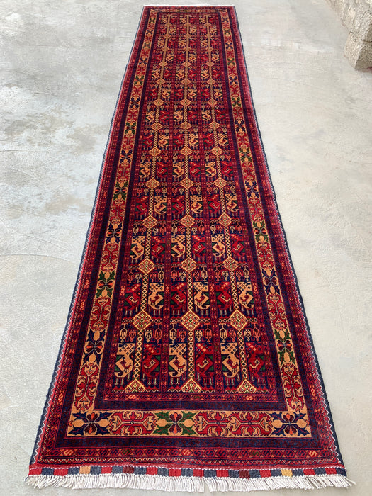 12'7 x 2'9 Hand-Knotted Peshawari Chobi Wool Runner Rug - Red Tribal Geometric Hallway Rug - KBHM-643
