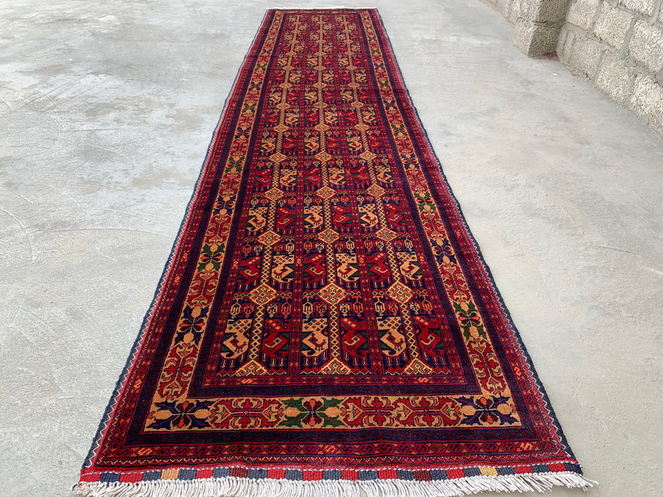 12'7 x 2'9 Hand-Knotted Peshawari Chobi Wool Runner Rug - Red Tribal Geometric Hallway Rug - KBHM-643