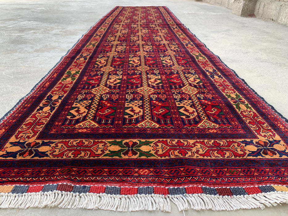12'7 x 2'9 Hand-Knotted Peshawari Chobi Wool Runner Rug - Red Tribal Geometric Hallway Rug - KBHM-643