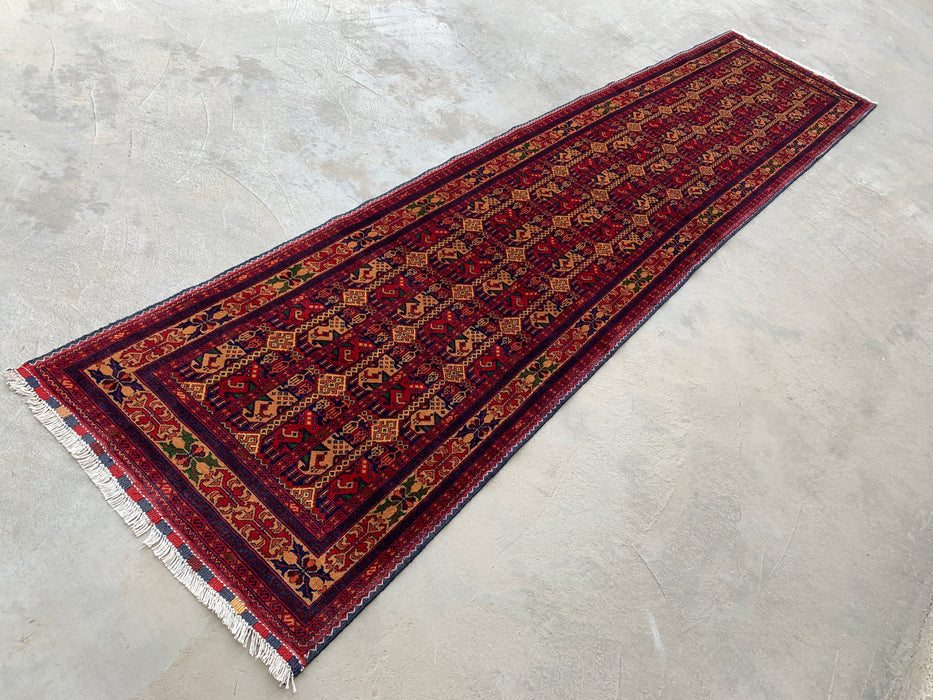12'7 x 2'9 Hand-Knotted Peshawari Chobi Wool Runner Rug - Red Tribal Geometric Hallway Rug - KBHM-643