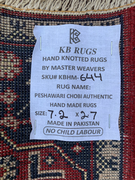 7'2 x 2'7 Hand-Knotted Peshawari Chobi Wool Runner Rug - Red Tribal Geometric Hallway Rug - KBHM-644