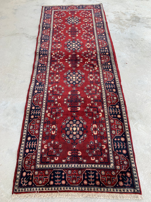 7'2 x 2'7 Hand-Knotted Peshawari Chobi Wool Runner Rug - Red Tribal Geometric Hallway Rug - KBHM-644