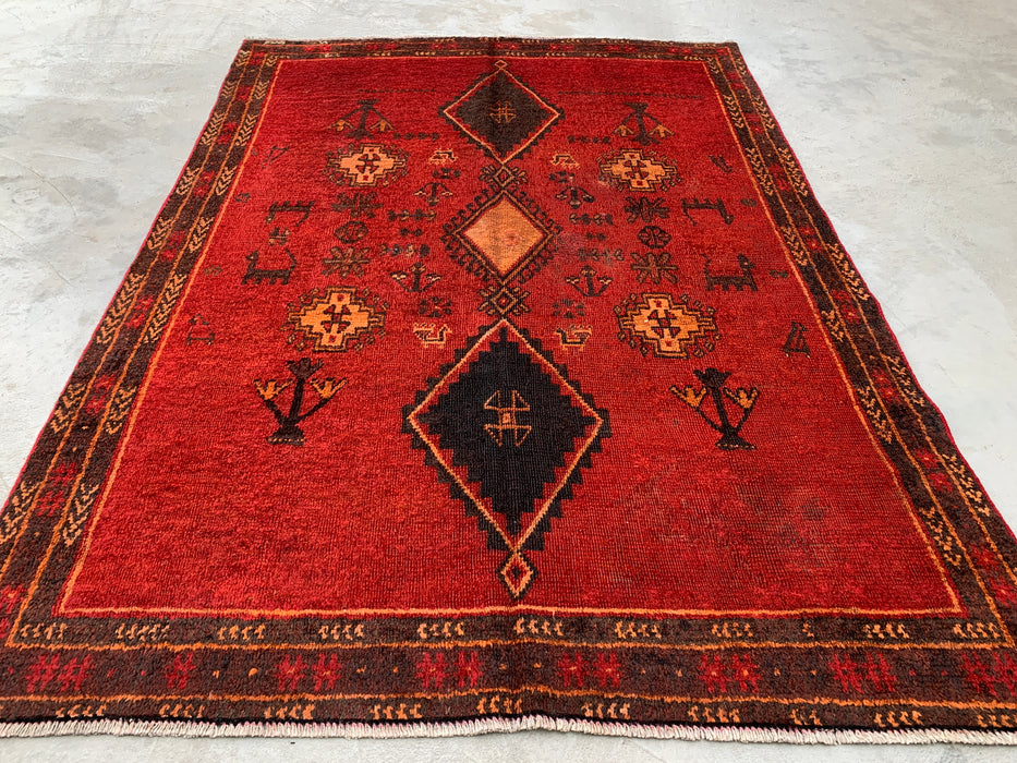 7'6 x 5'5 Hand-Knotted Persian Wool Rug - Red Tribal Geometric Area Rug - KBHM-656