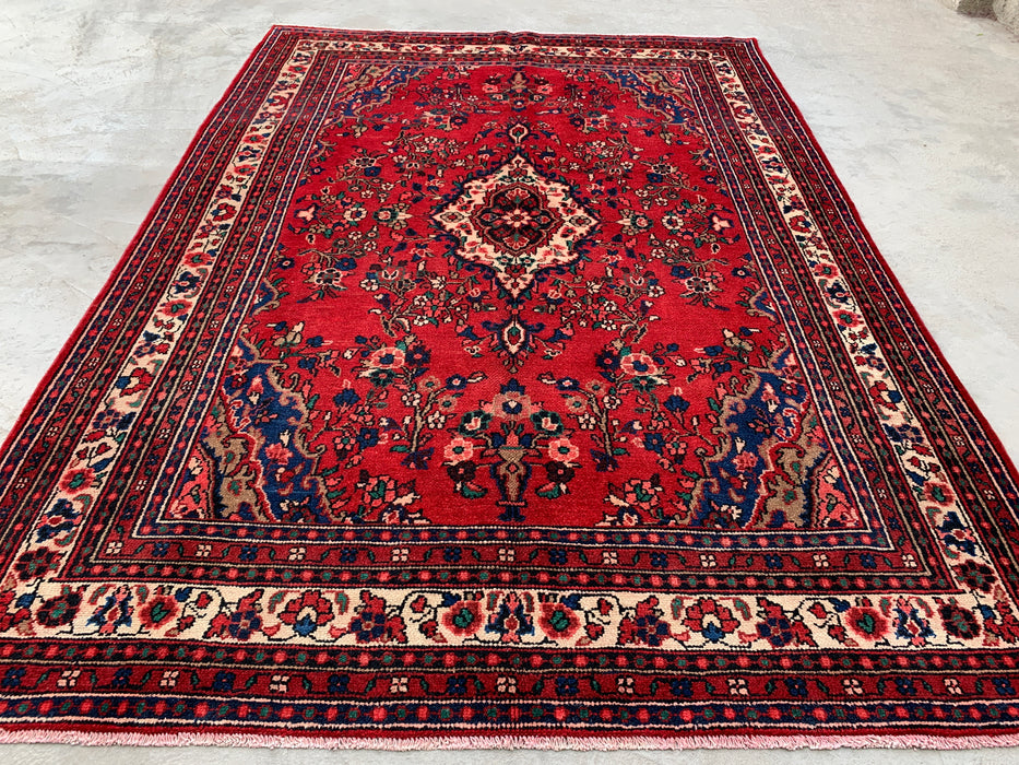 Handmade Persian Wool Area Rug 7x10 - Red Floral Medallion Persian Style Rug - Exact Size 9'6" x 6'8" - KBHM-681