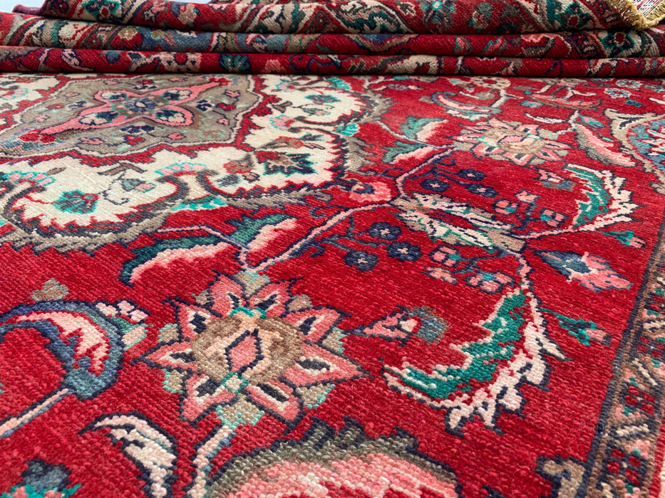 10'4" x 6'10" Hand-Knotted Persian Wool Rug – Red, Navy & Ivory Floral Medallion Design
