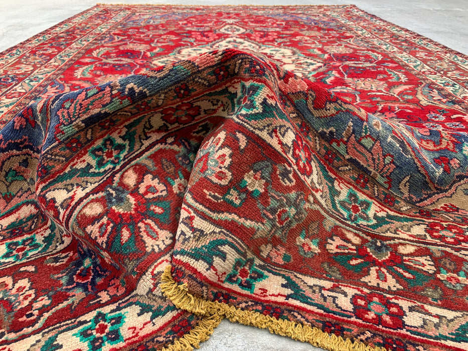 10'4" x 6'10" Hand-Knotted Persian Wool Rug – Red, Navy & Ivory Floral Medallion Design