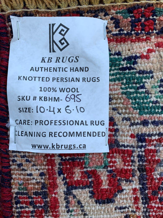 10'4" x 6'10" Hand-Knotted Persian Wool Rug – Red, Navy & Ivory Floral Medallion Design