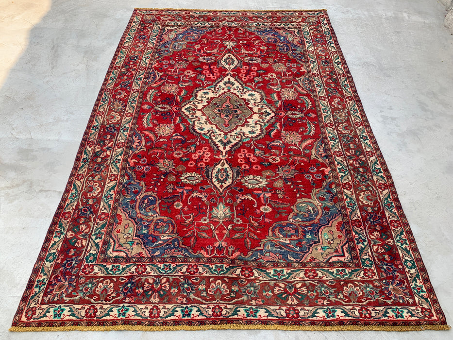 10'4" x 6'10" Hand-Knotted Persian Wool Rug – Red, Navy & Ivory Floral Medallion Design