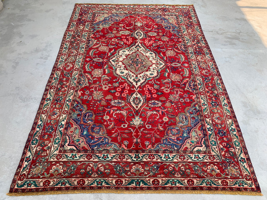 10'4" x 6'10" Hand-Knotted Persian Wool Rug – Red, Navy & Ivory Floral Medallion Design