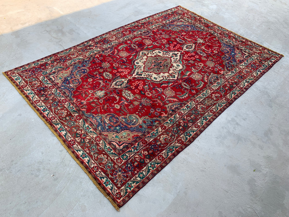 10'4" x 6'10" Hand-Knotted Persian Wool Rug – Red, Navy & Ivory Floral Medallion Design
