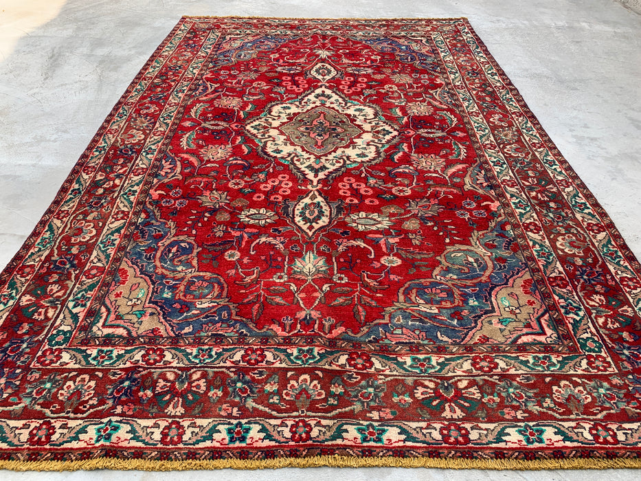 10'4" x 6'10" Hand-Knotted Persian Wool Rug – Red, Navy & Ivory Floral Medallion Design
