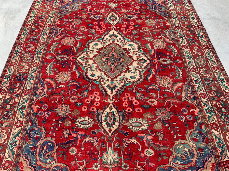 10'4" x 6'10" Hand-Knotted Persian Wool Rug – Red, Navy & Ivory Floral Medallion Design