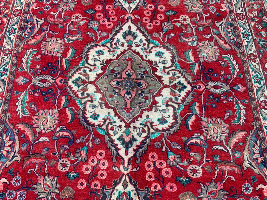 10'4" x 6'10" Hand-Knotted Persian Wool Rug – Red, Navy & Ivory Floral Medallion Design