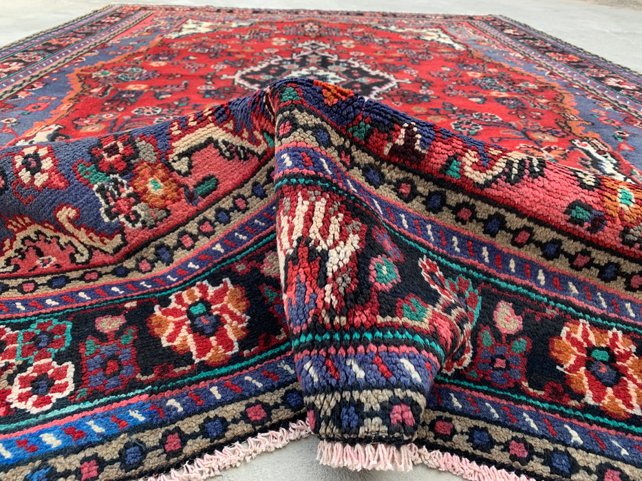 Handmade Persian Wool Area Rug 7x10 - Red, Blue & Ivory Floral Medallion Persian Style Rug - Exact Size 9'11" x 6'11"- KBHM-696
