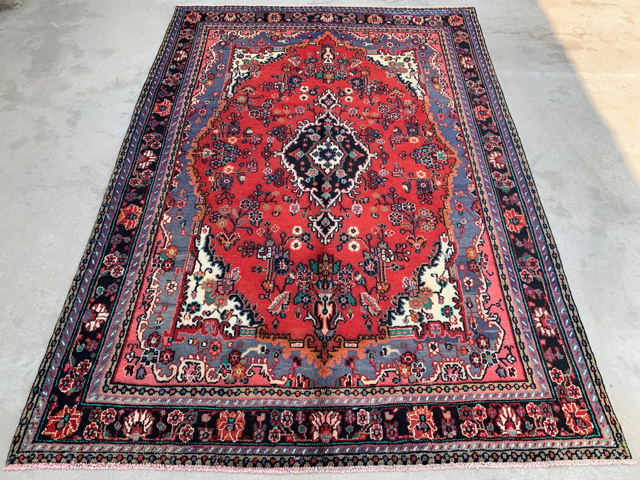 Handmade Persian Wool Area Rug 7x10 - Red, Blue & Ivory Floral Medallion Persian Style Rug - Exact Size 9'11" x 6'11"- KBHM-696