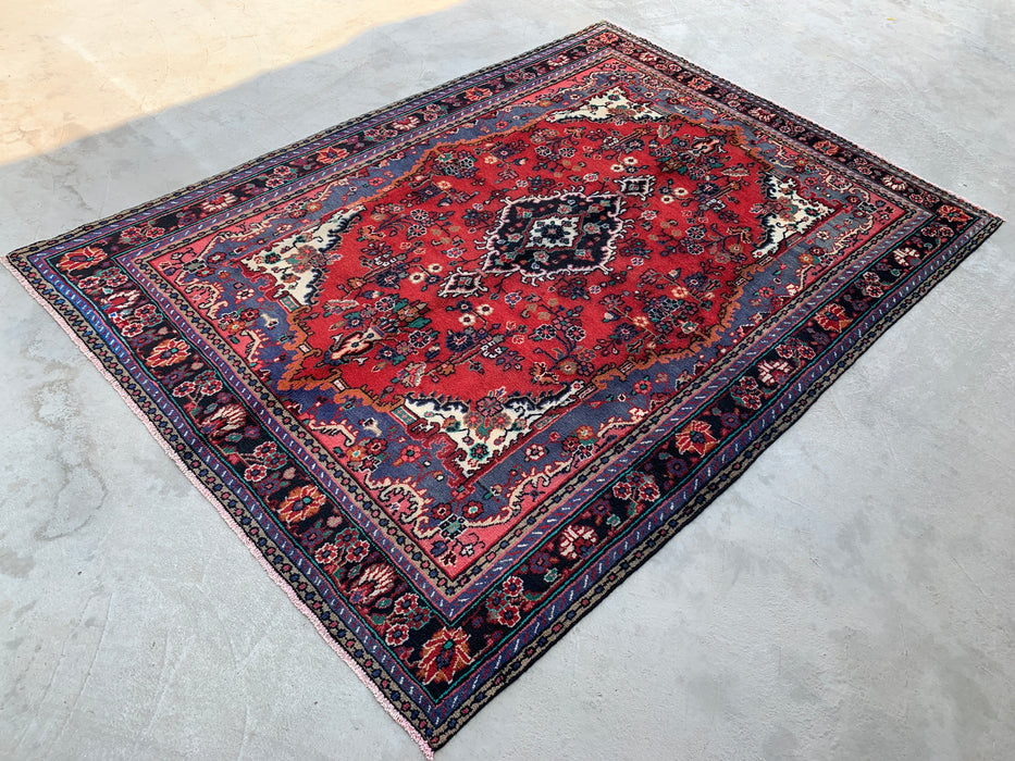 Handmade Persian Wool Area Rug 7x10 - Red, Blue & Ivory Floral Medallion Persian Style Rug - Exact Size 9'11" x 6'11"- KBHM-696