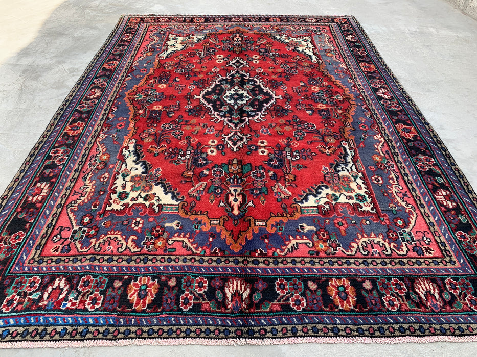 Handmade Persian Wool Area Rug 7x10 - Red, Blue & Ivory Floral Medallion Persian Style Rug - Exact Size 9'11" x 6'11"- KBHM-696